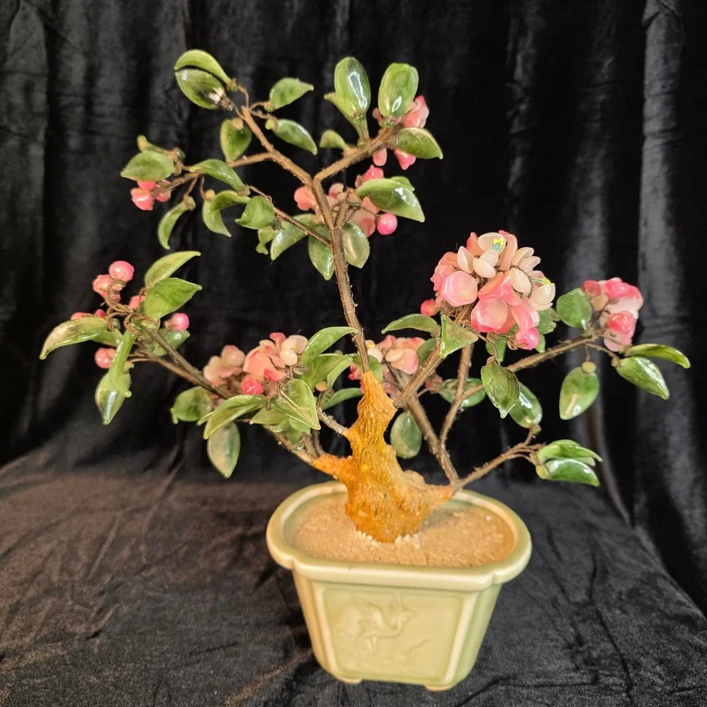 VTG Chinese Peking Glass Bonsai Tree Pink Cherry Blossom Celadon Crane 13